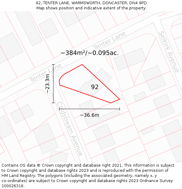 92, TENTER LANE, WARMSWORTH, DONCASTER, DN4 9PD: Plot and title map