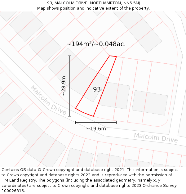 93, MALCOLM DRIVE, NORTHAMPTON, NN5 5NJ: Plot and title map