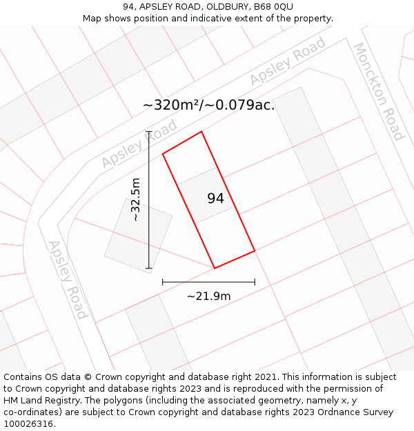 94, APSLEY ROAD, OLDBURY, B68 0QU: Plot and title map
