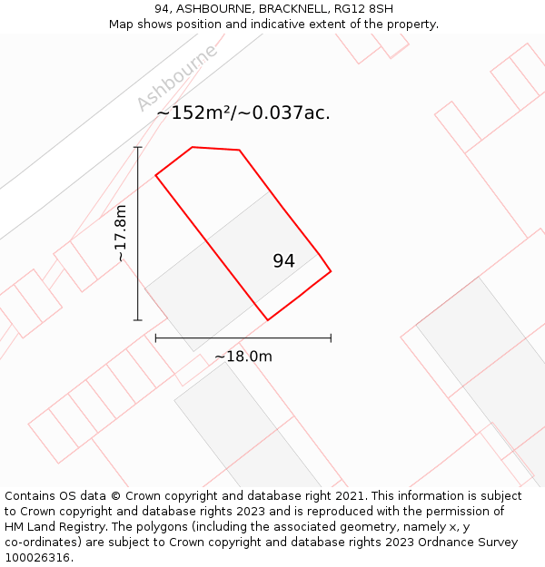94, ASHBOURNE, BRACKNELL, RG12 8SH: Plot and title map