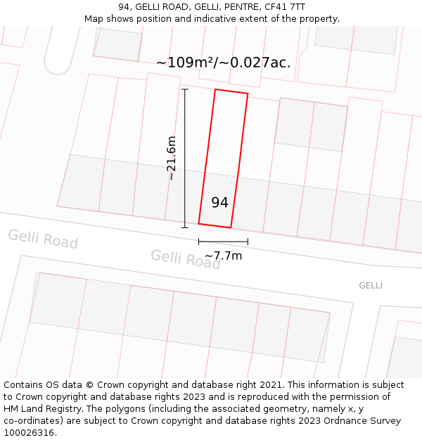 94, GELLI ROAD, GELLI, PENTRE, CF41 7TT: Plot and title map
