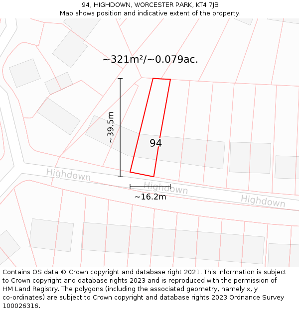 94, HIGHDOWN, WORCESTER PARK, KT4 7JB: Plot and title map