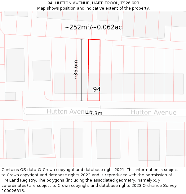 94, HUTTON AVENUE, HARTLEPOOL, TS26 9PR: Plot and title map