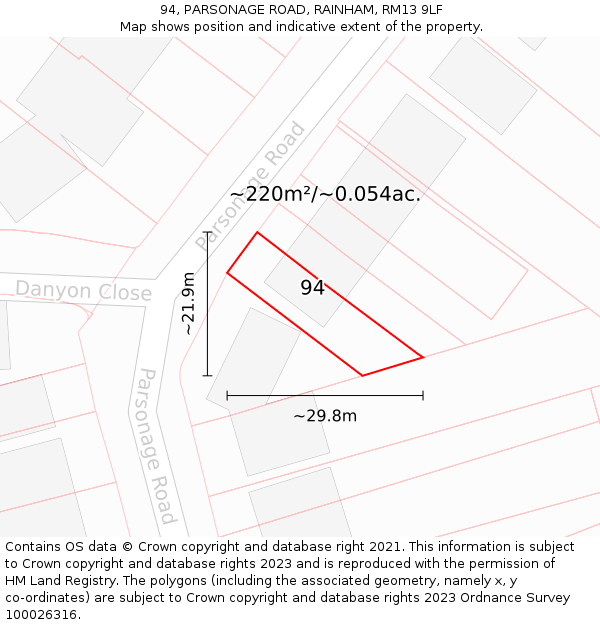 94, PARSONAGE ROAD, RAINHAM, RM13 9LF: Plot and title map