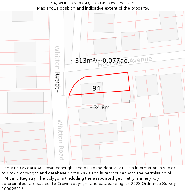 94, WHITTON ROAD, HOUNSLOW, TW3 2ES: Plot and title map