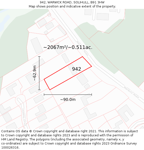 942, WARWICK ROAD, SOLIHULL, B91 3HW: Plot and title map