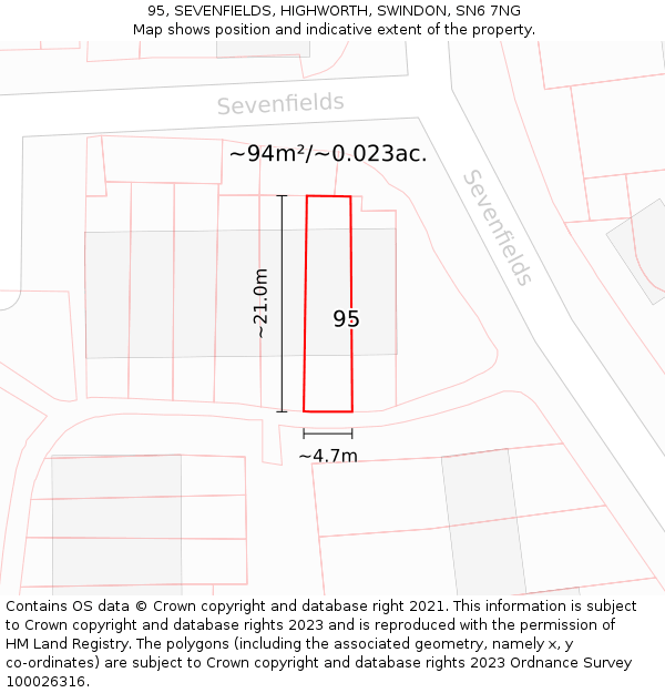 95, SEVENFIELDS, HIGHWORTH, SWINDON, SN6 7NG: Plot and title map