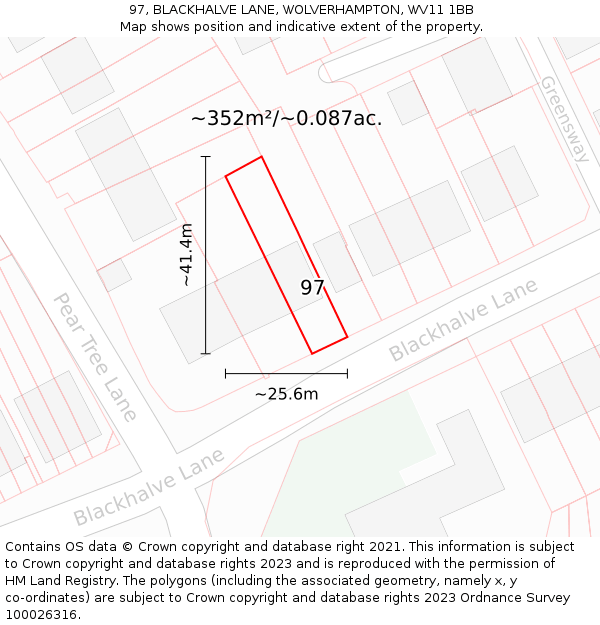 97, BLACKHALVE LANE, WOLVERHAMPTON, WV11 1BB: Plot and title map