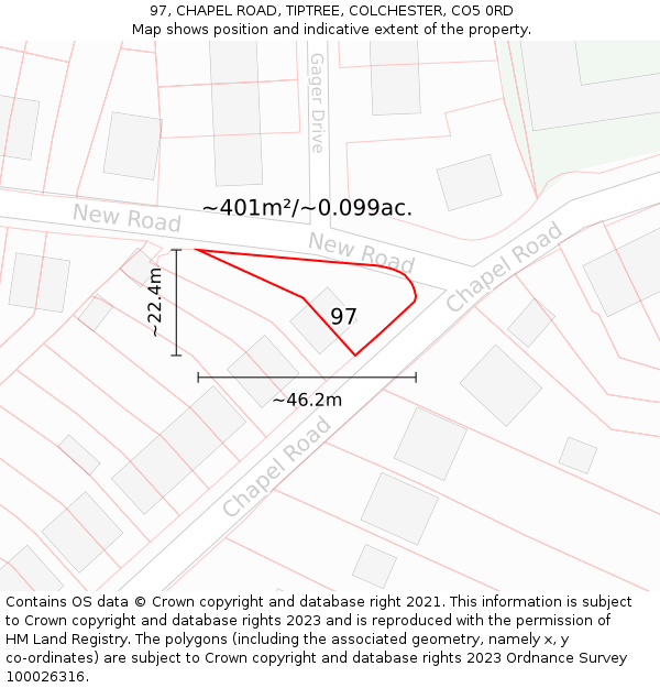 97, CHAPEL ROAD, TIPTREE, COLCHESTER, CO5 0RD: Plot and title map