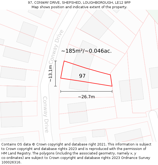 97, CONWAY DRIVE, SHEPSHED, LOUGHBOROUGH, LE12 9PP: Plot and title map