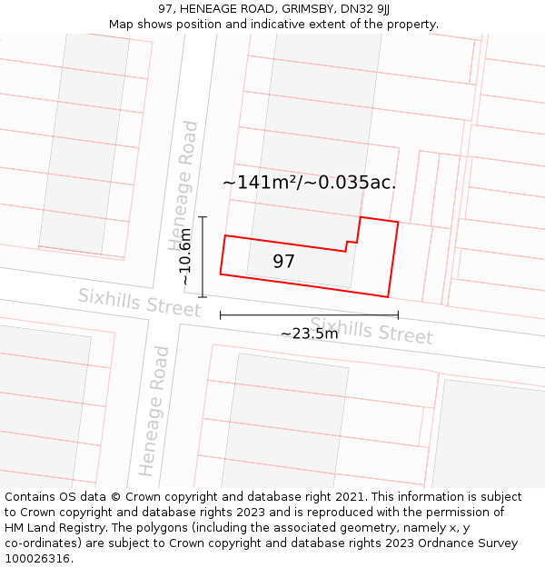 97, HENEAGE ROAD, GRIMSBY, DN32 9JJ: Plot and title map
