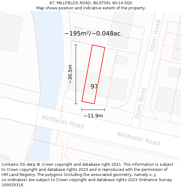 97, MILLFIELDS ROAD, BILSTON, WV14 0QX: Plot and title map