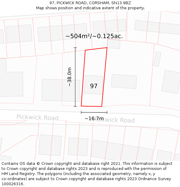 97, PICKWICK ROAD, CORSHAM, SN13 9BZ: Plot and title map