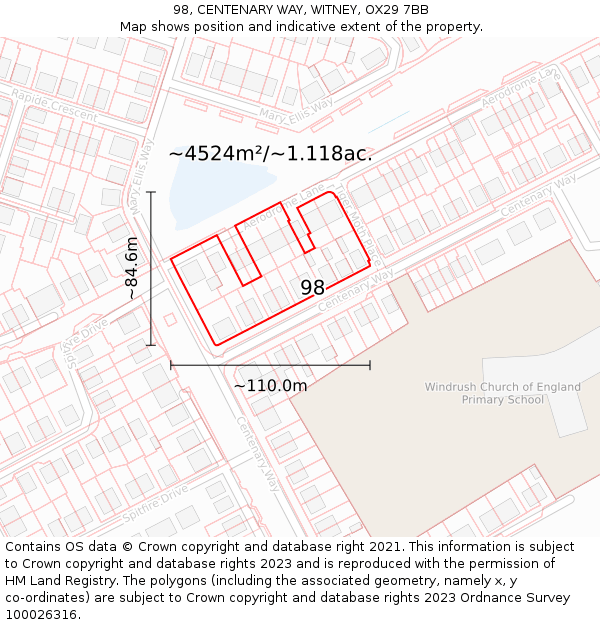 98, CENTENARY WAY, WITNEY, OX29 7BB: Plot and title map