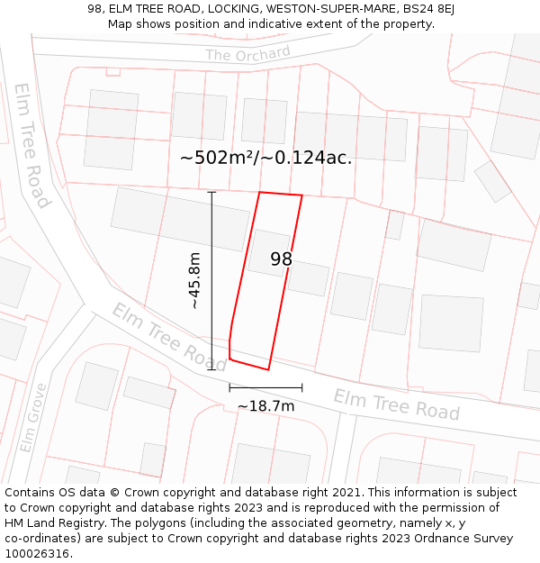 98, ELM TREE ROAD, LOCKING, WESTON-SUPER-MARE, BS24 8EJ: Plot and title map