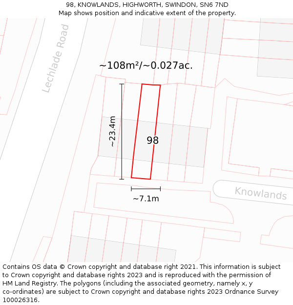 98, KNOWLANDS, HIGHWORTH, SWINDON, SN6 7ND: Plot and title map
