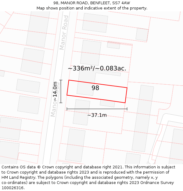 98, MANOR ROAD, BENFLEET, SS7 4AW: Plot and title map