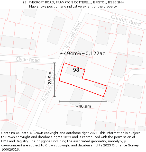 98, RYECROFT ROAD, FRAMPTON COTTERELL, BRISTOL, BS36 2HH: Plot and title map