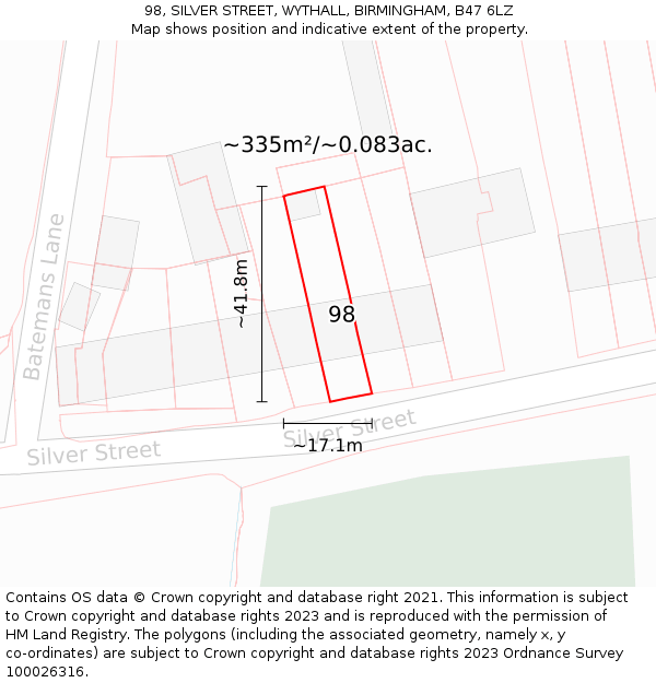 98, SILVER STREET, WYTHALL, BIRMINGHAM, B47 6LZ: Plot and title map