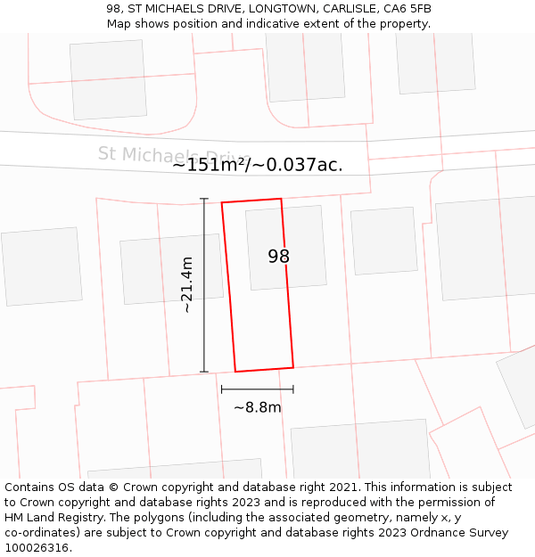 98, ST MICHAELS DRIVE, LONGTOWN, CARLISLE, CA6 5FB: Plot and title map