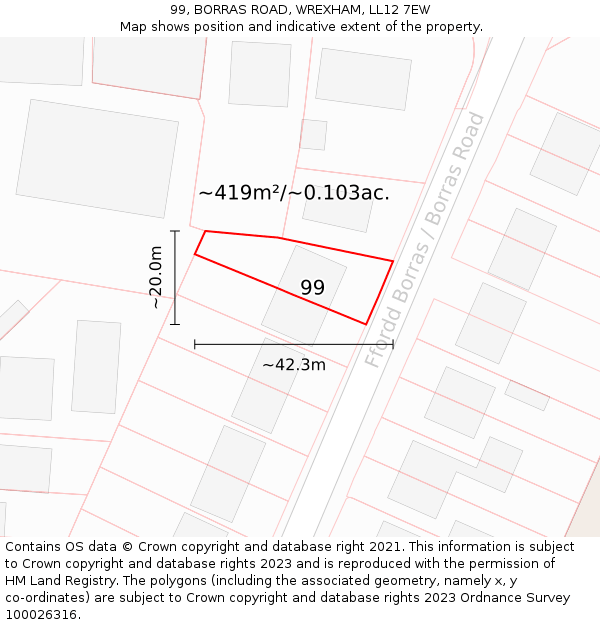 99, BORRAS ROAD, WREXHAM, LL12 7EW: Plot and title map