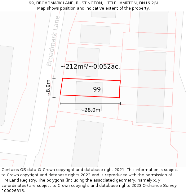 99, BROADMARK LANE, RUSTINGTON, LITTLEHAMPTON, BN16 2JN: Plot and title map