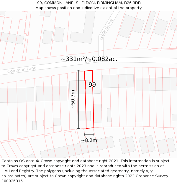 99, COMMON LANE, SHELDON, BIRMINGHAM, B26 3DB: Plot and title map