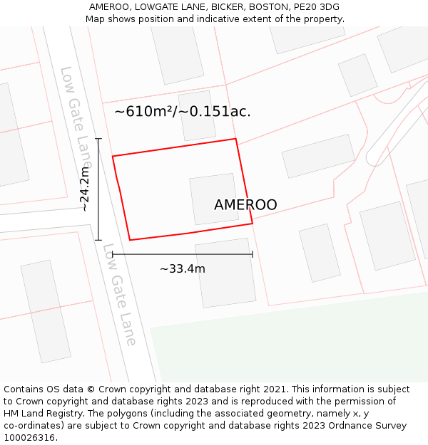 AMEROO, LOWGATE LANE, BICKER, BOSTON, PE20 3DG: Plot and title map