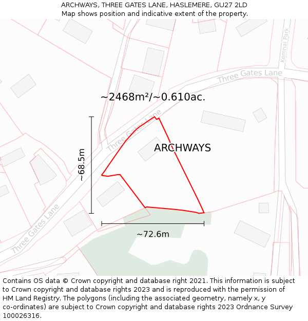 ARCHWAYS, THREE GATES LANE, HASLEMERE, GU27 2LD: Plot and title map