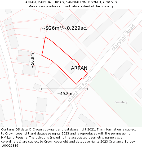 ARRAN, MARSHALL ROAD, NANSTALLON, BODMIN, PL30 5LD: Plot and title map