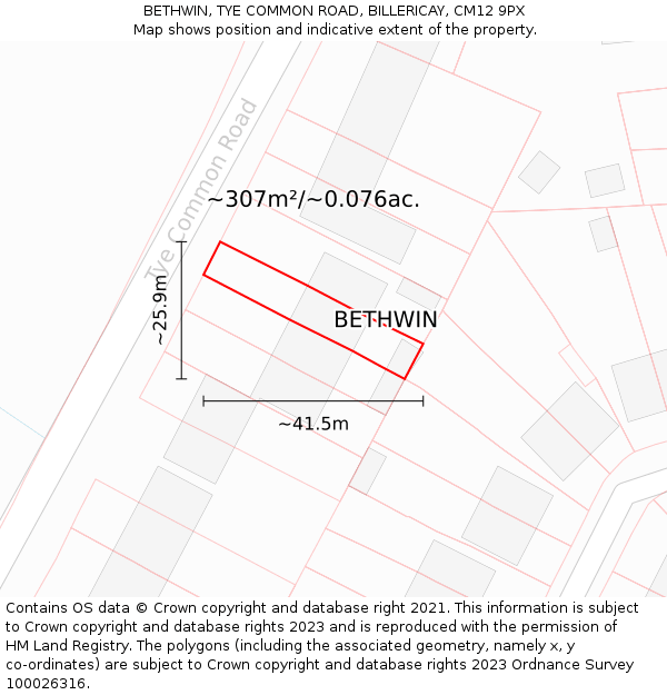 BETHWIN, TYE COMMON ROAD, BILLERICAY, CM12 9PX: Plot and title map