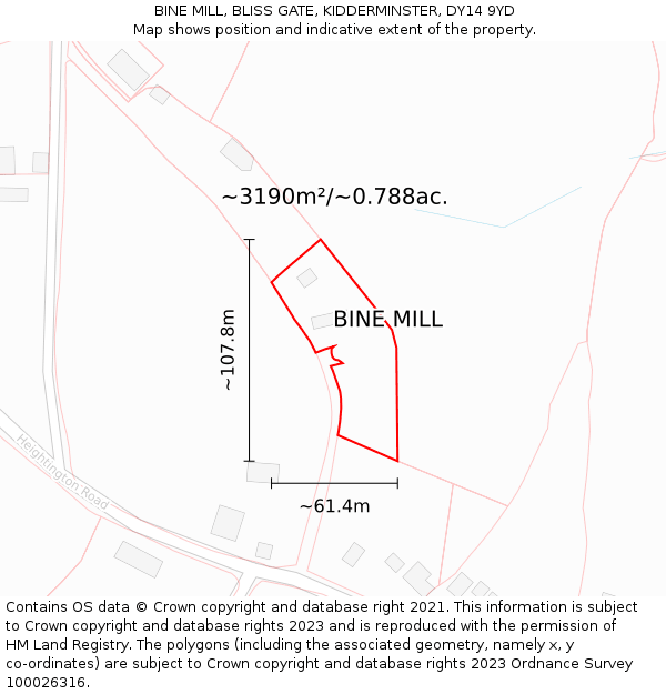 BINE MILL, BLISS GATE, KIDDERMINSTER, DY14 9YD: Plot and title map
