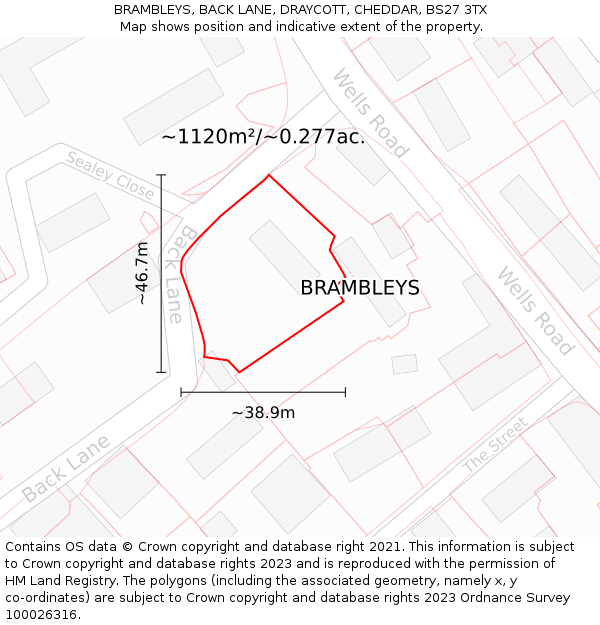 BRAMBLEYS, BACK LANE, DRAYCOTT, CHEDDAR, BS27 3TX: Plot and title map