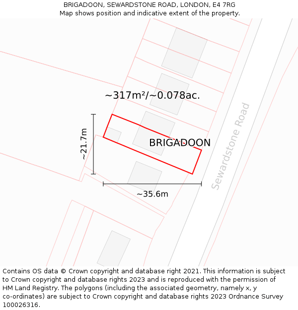 BRIGADOON, SEWARDSTONE ROAD, LONDON, E4 7RG: Plot and title map