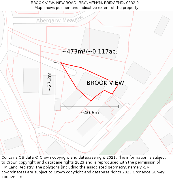 BROOK VIEW, NEW ROAD, BRYNMENYN, BRIDGEND, CF32 9LL: Plot and title map