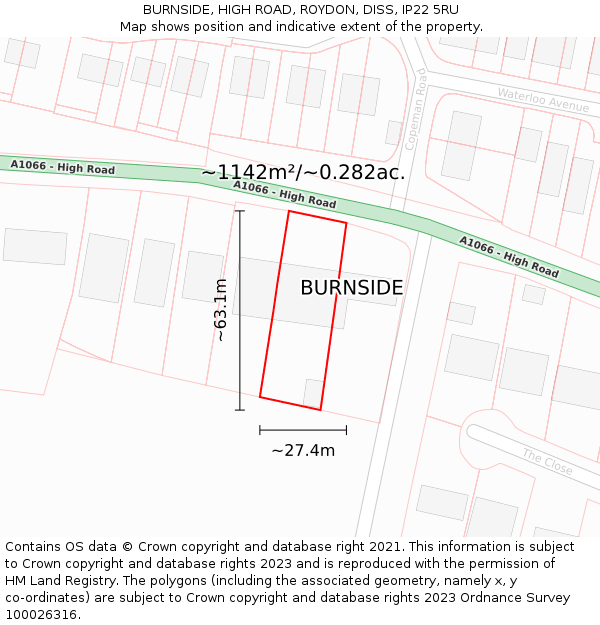 BURNSIDE, HIGH ROAD, ROYDON, DISS, IP22 5RU: Plot and title map