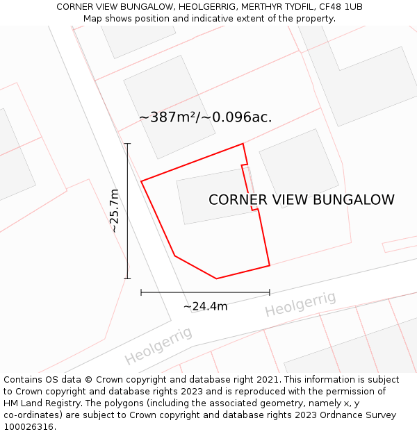 CORNER VIEW BUNGALOW, HEOLGERRIG, MERTHYR TYDFIL, CF48 1UB: Plot and title map