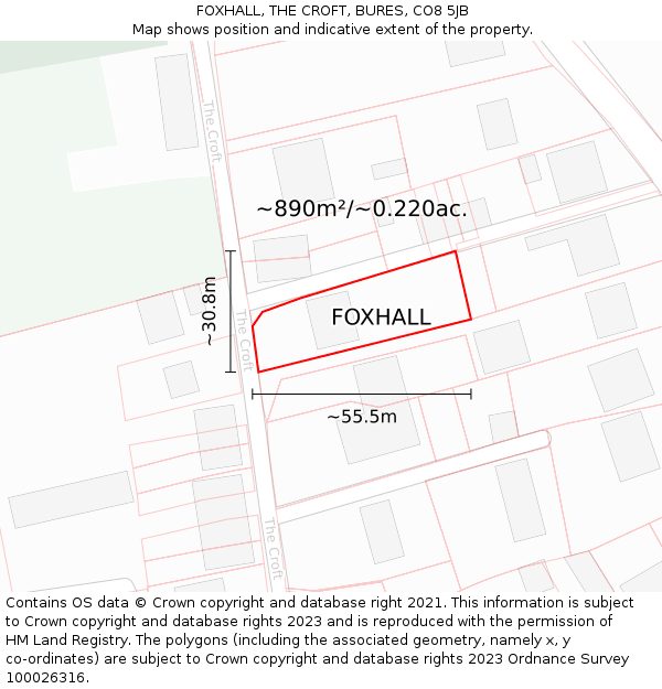 FOXHALL, THE CROFT, BURES, CO8 5JB: Plot and title map
