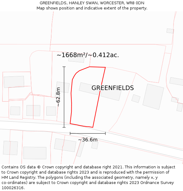 GREENFIELDS, HANLEY SWAN, WORCESTER, WR8 0DN: Plot and title map