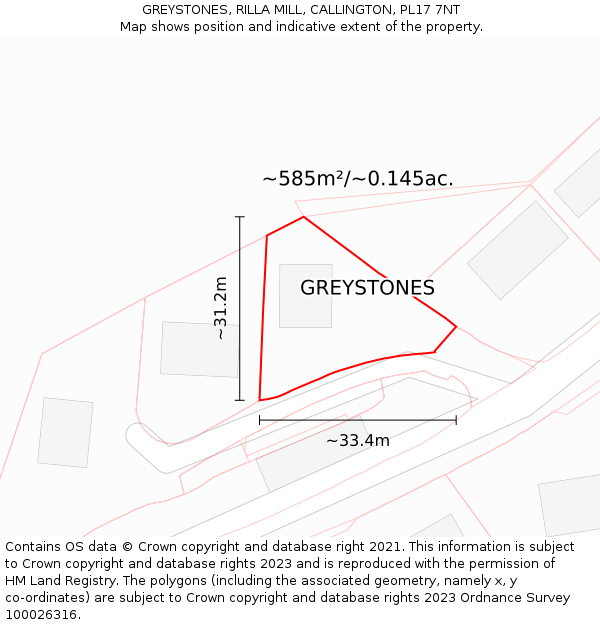 GREYSTONES, RILLA MILL, CALLINGTON, PL17 7NT: Plot and title map