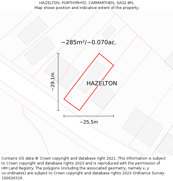 HAZELTON, PORTHYRHYD, CARMARTHEN, SA32 8PL: Plot and title map