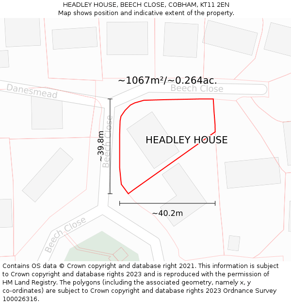 HEADLEY HOUSE, BEECH CLOSE, COBHAM, KT11 2EN: Plot and title map