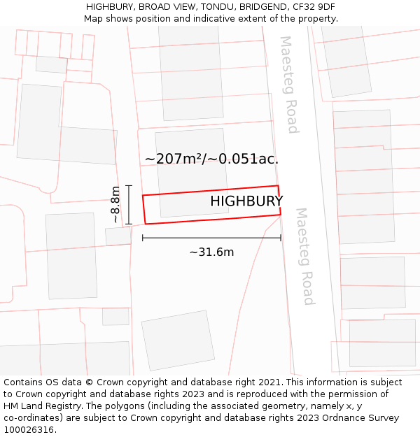 HIGHBURY, BROAD VIEW, TONDU, BRIDGEND, CF32 9DF: Plot and title map