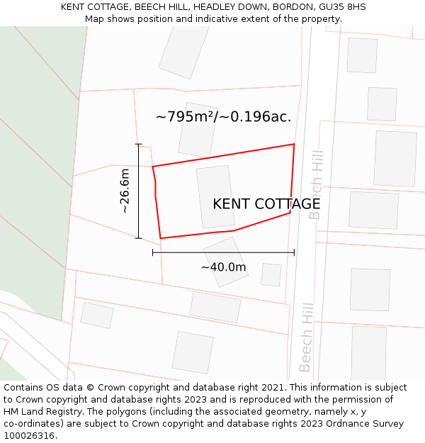 KENT COTTAGE, BEECH HILL, HEADLEY DOWN, BORDON, GU35 8HS: Plot and title map