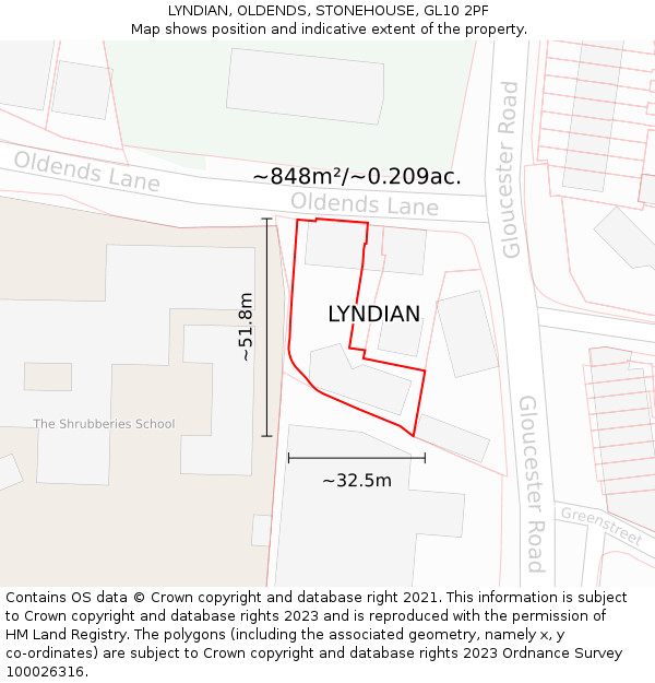 LYNDIAN, OLDENDS, STONEHOUSE, GL10 2PF: Plot and title map