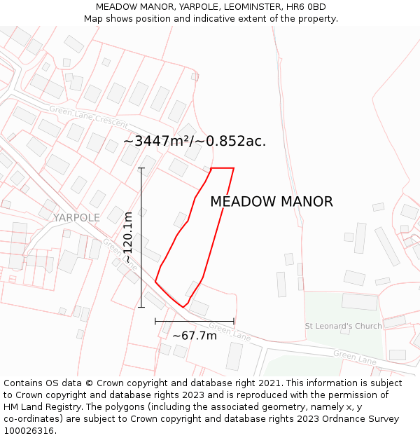 MEADOW MANOR, YARPOLE, LEOMINSTER, HR6 0BD: Plot and title map