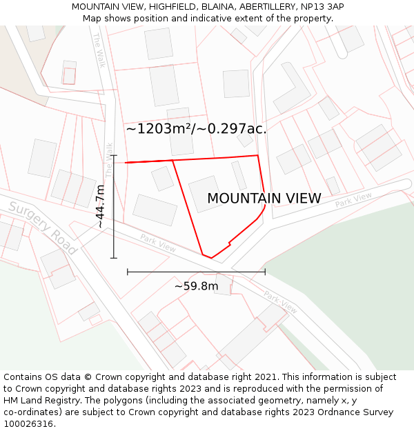MOUNTAIN VIEW, HIGHFIELD, BLAINA, ABERTILLERY, NP13 3AP: Plot and title map