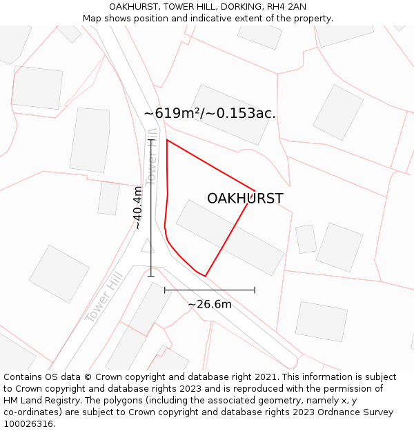 OAKHURST, TOWER HILL, DORKING, RH4 2AN: Plot and title map