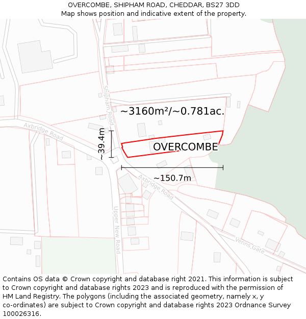 OVERCOMBE, SHIPHAM ROAD, CHEDDAR, BS27 3DD: Plot and title map