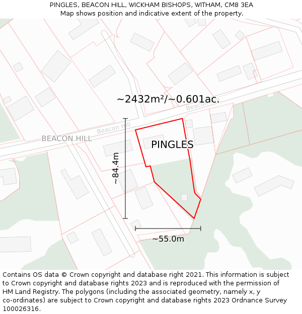 PINGLES, BEACON HILL, WICKHAM BISHOPS, WITHAM, CM8 3EA: Plot and title map